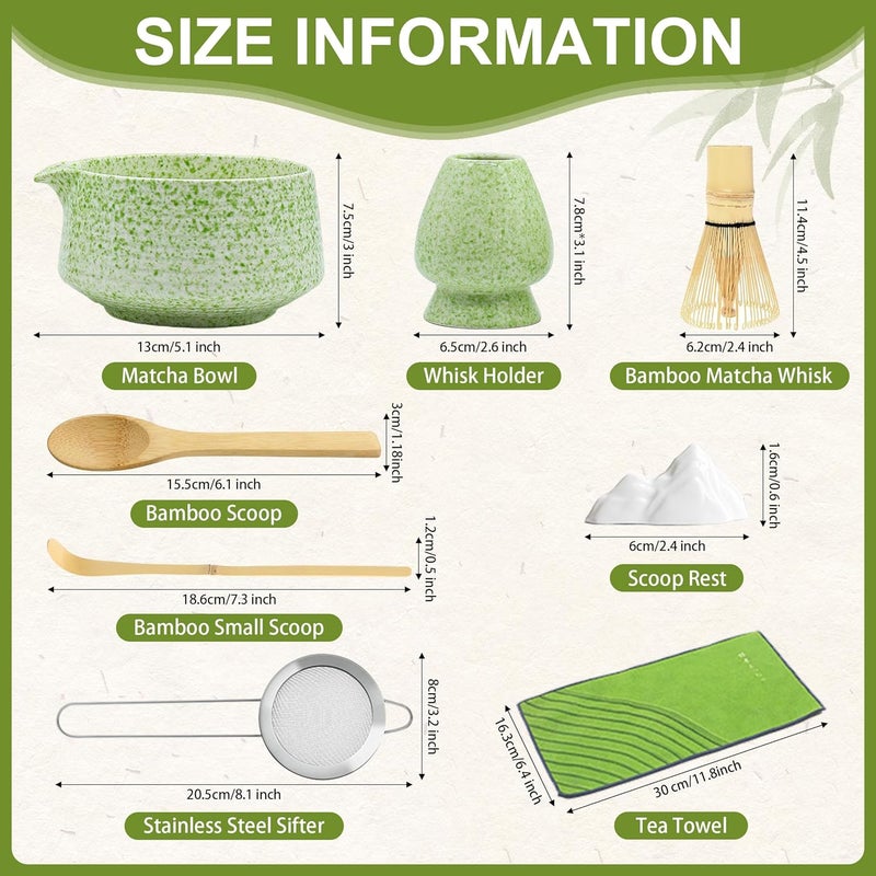 BEWOS 8 Pcs Matcha Whisk Set - 18OZ Ceramic Bowl with Spout, Matcha Sifter, Matcha Whisk Holder & Bamboo Matcha Whisk | Matcha Scoop, Complete Japanese Tea Ceremony Kit for Matcha Lover(Mottled Green) - Image 2
